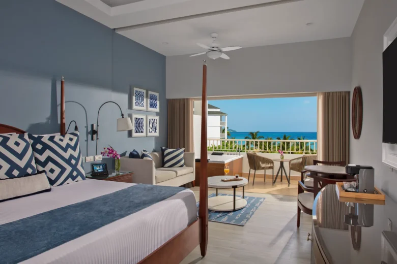 Preferred Club Junior Suite Ocean View with king bed, private balcony hot tub, and ocean views at Secrets St. James Montego Bay.