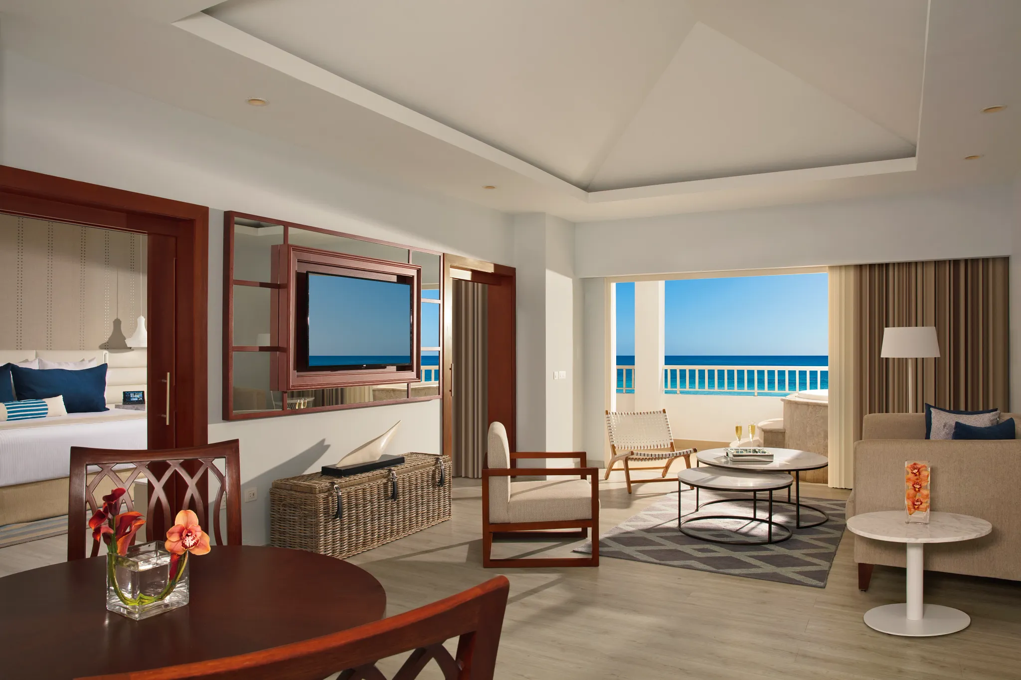 Preferred Club Master Suite Ocean Front living room with terrace and ocean view at Secrets St. James Montego Bay.