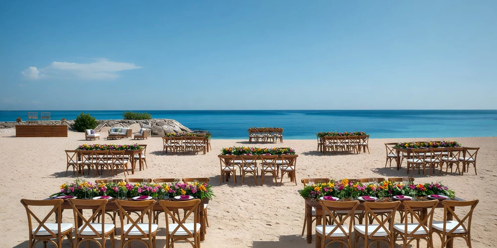 Barracuda Beach wedding reception setup with wooden tables and floral centerpieces at Secrets St. James Montego Bay