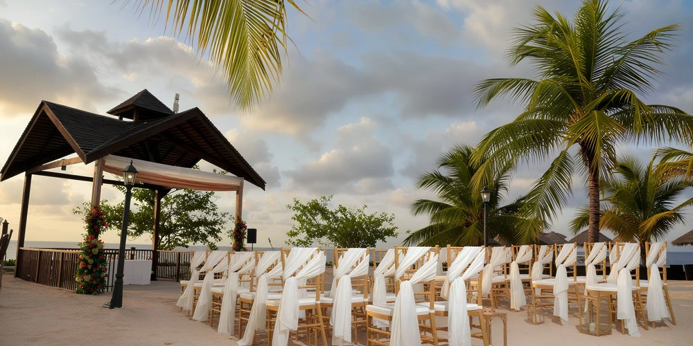 Beachfront casita wedding ceremony setup with white draped chairs at Secrets St. James Montego Bay