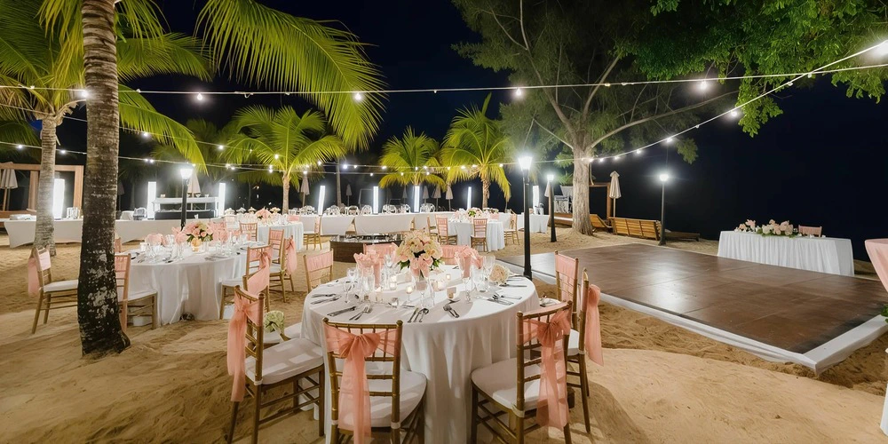 Beach club wedding reception at night with string lights and dance floor at Secrets St. James Montego Bay