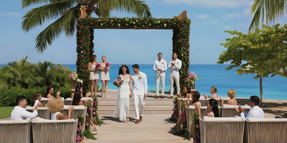 Oceanfront gazebo wedding ceremony setup with floral arch at Secrets St. James Montego Bay