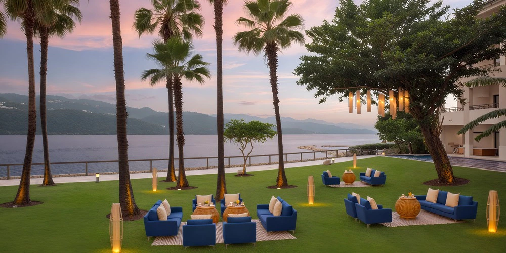Oceanfront lawn wedding and event setup with lounge seating at Secrets St. James Montego Bay